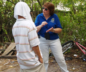 Social worker Sue Jalm conducts an assessment.