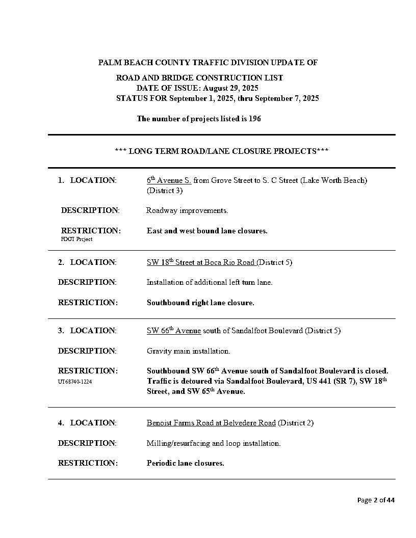 Road and Bridge Construction Report Sep. 1-7