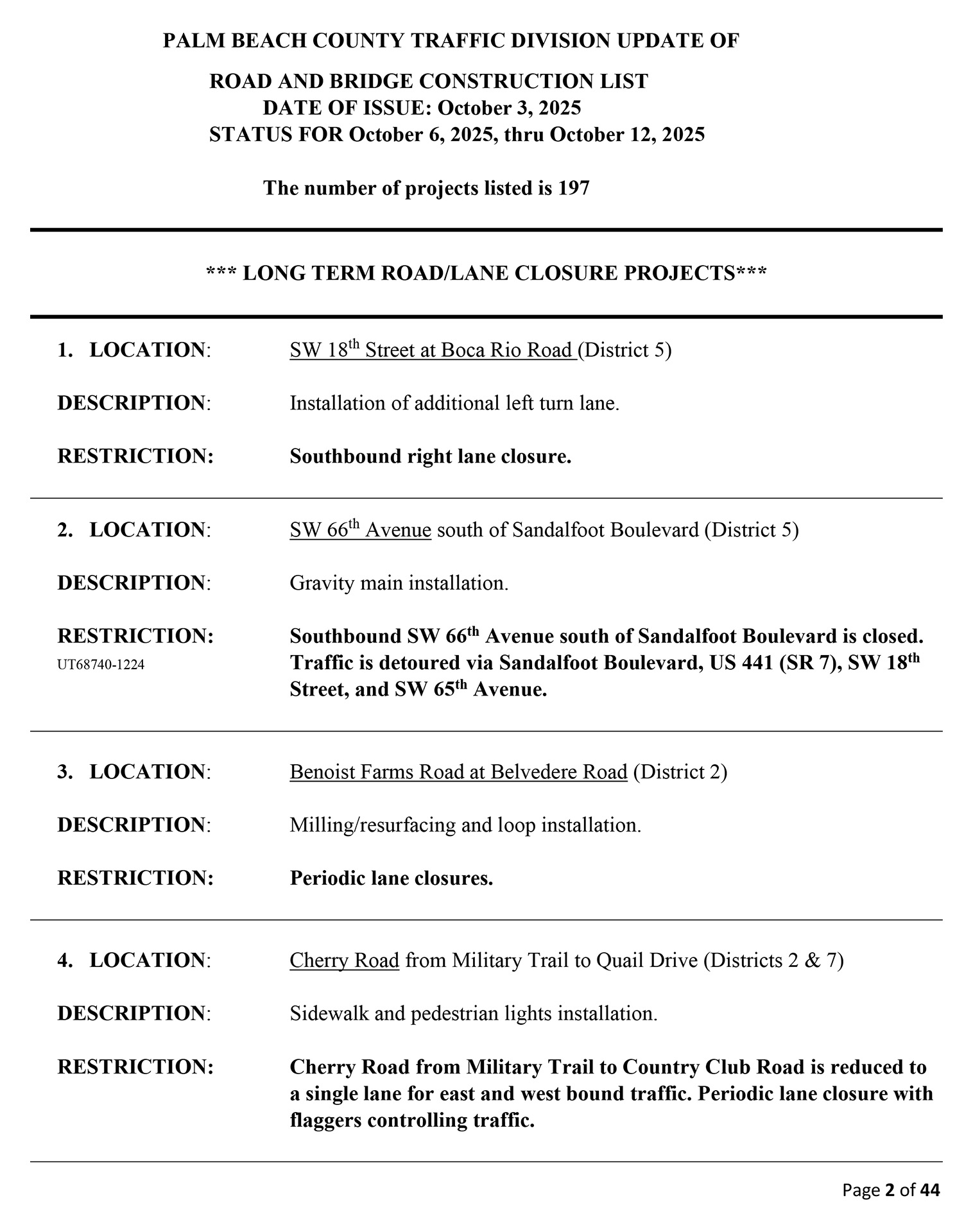Road and Bridge Construction Report Oct. 6 - 12