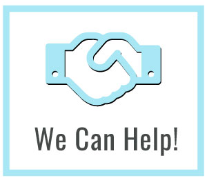 hand shake icon. Text: We Can Help!