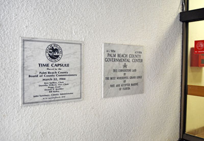 The 1984 time capsule is located at the original entrance to Governmental Center on Olive Avenue.   