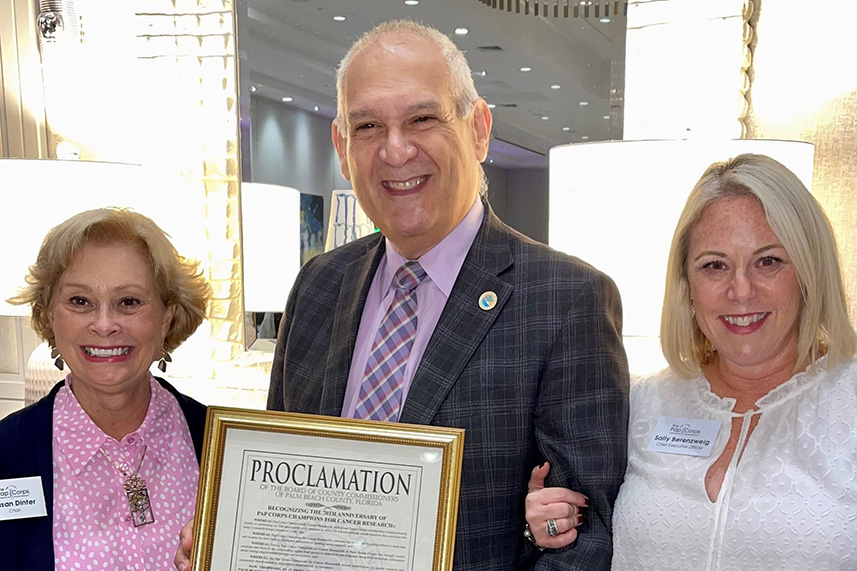 The Pap Corps Board of Directors Chairwoman Susan Dinter, Mayor Weinroth and The Pap Corps CEO Sally Berenzweig.