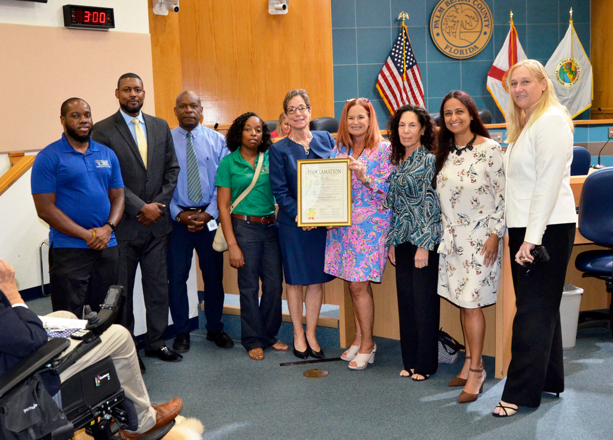 Pictured here (l to r): Community Services Department (CSD) Community Center Manager Anderson Phebe, CSD Director James Green, CSD Community Center Manager Devon McLean, Antoinette Austin, Commissioner Maria Marino, CSD Recreation Programs Coordinator Amy