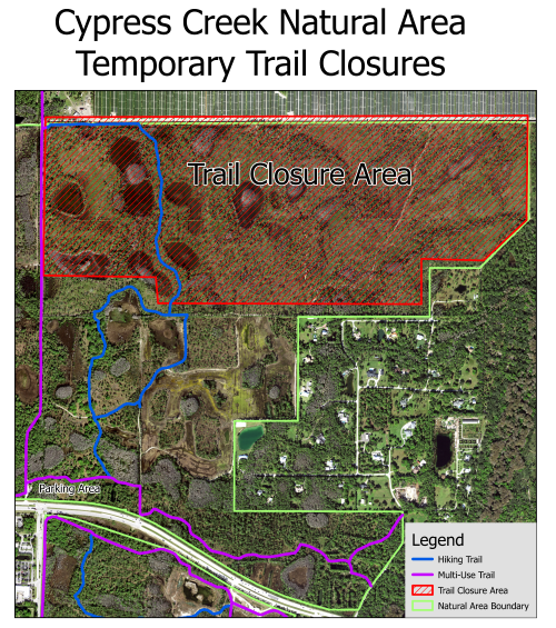 Complex map showing site and associated hiking trail closures northeast of the parking lot off Gulfstream Citrus Road and Indiantown Road