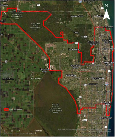 Map highlights the boundary of the Lake Worth Lagoon Watershed that encompasses over 305,000 acres of land from North Palm Beach south to Ocean Ridge and from Lake Okeechobee east to the Atlantic Ocean that drains surface water runoff into the  C-17, C-51, and C-16 Drainage Canals operated by South Florida Water Management