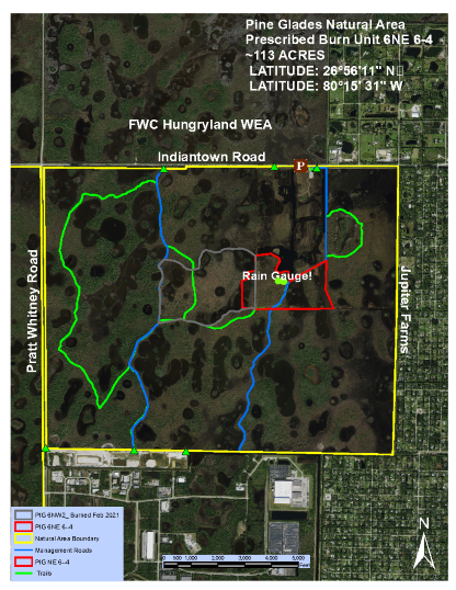 aerial map of Pine Glades Natural Area with prescribed burn location highlighted
