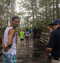 people walking on a boardwalk