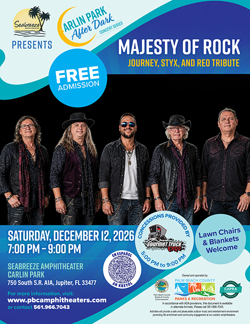 multicolored graphic with text and image promoting Majesty of Rock The Ultimate Tribute to Journey, Styx, and REO concert