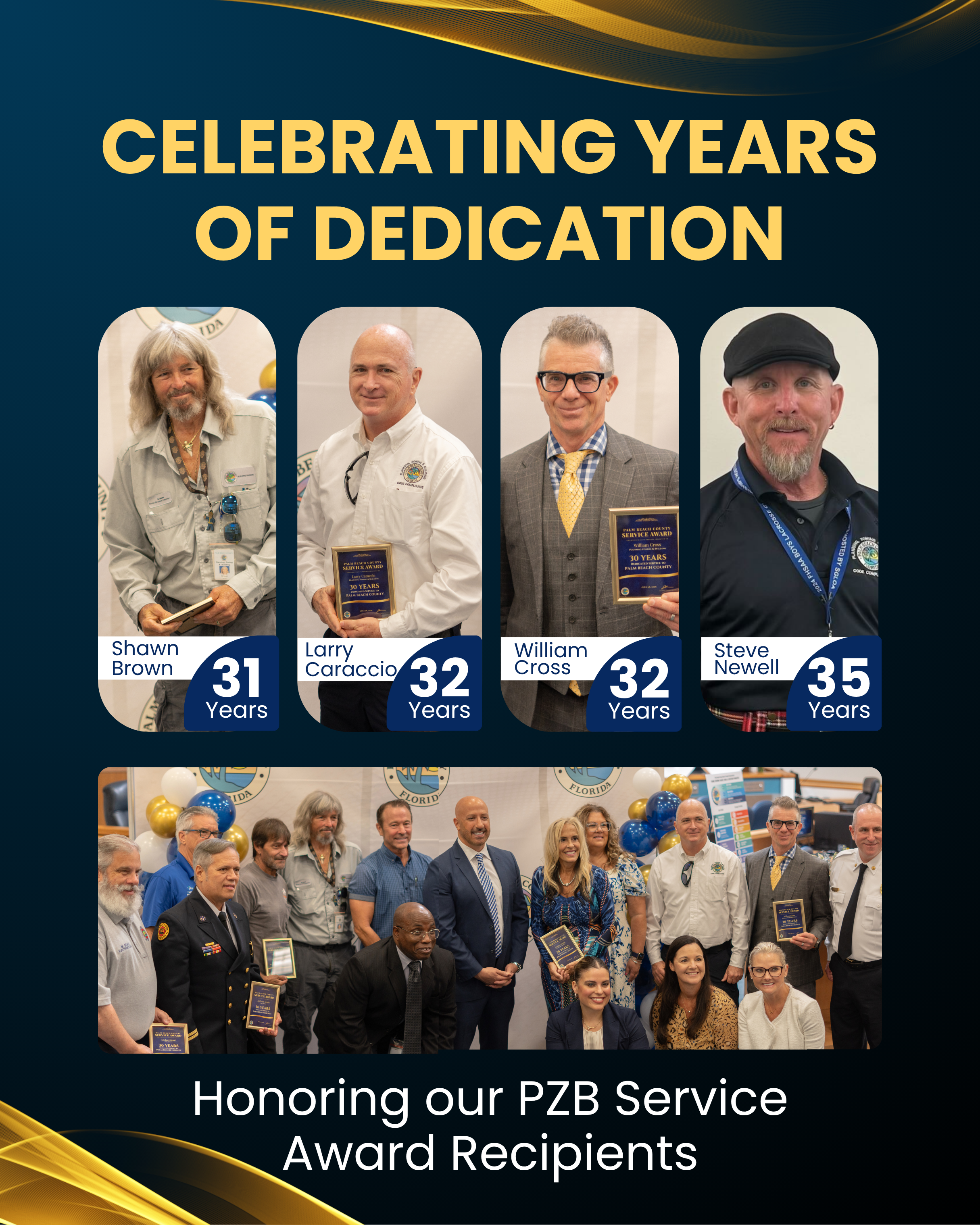 PZB Service Award recognizing Shawn Brown, Larry Caraccio, William Cross, and Steve Newell for 31–35 years of service.