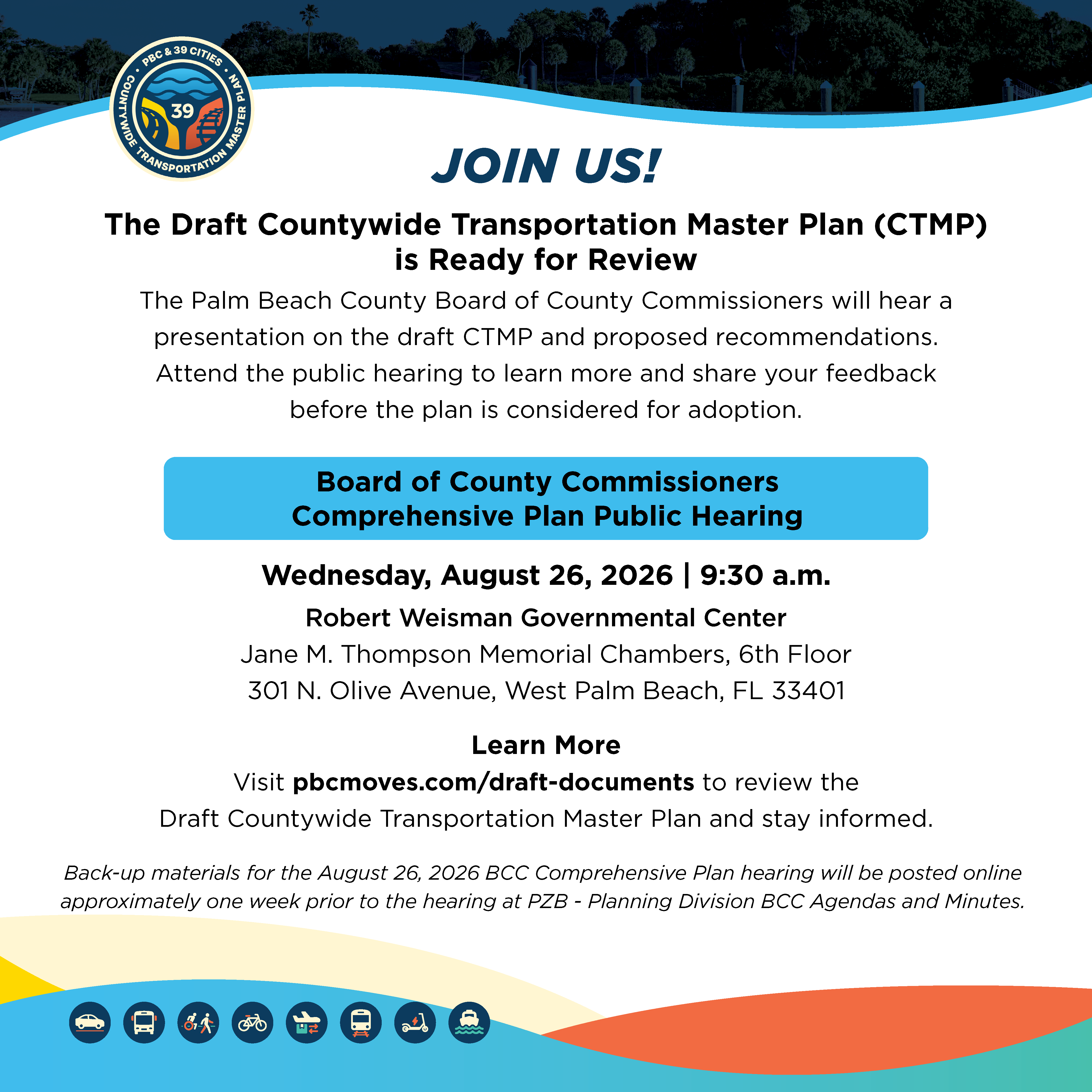 Flyer inviting the public to the Draft Countywide Transportation Master Plan hearing on August 26, 2026, at 9:30 a.m. at 301 N. Olive Ave, West Palm Beach.