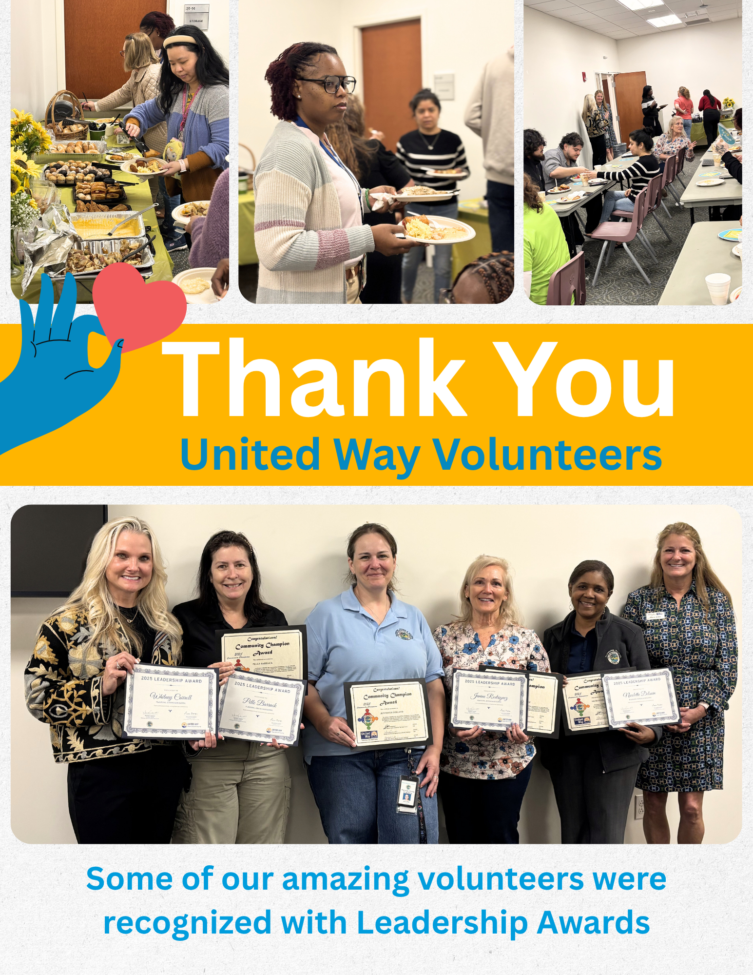 Collage of United Way volunteers serving food, sitting together, and holding certificates. Text says ‘Thank You United Way Volunteers’ and mentions Leadership Awards