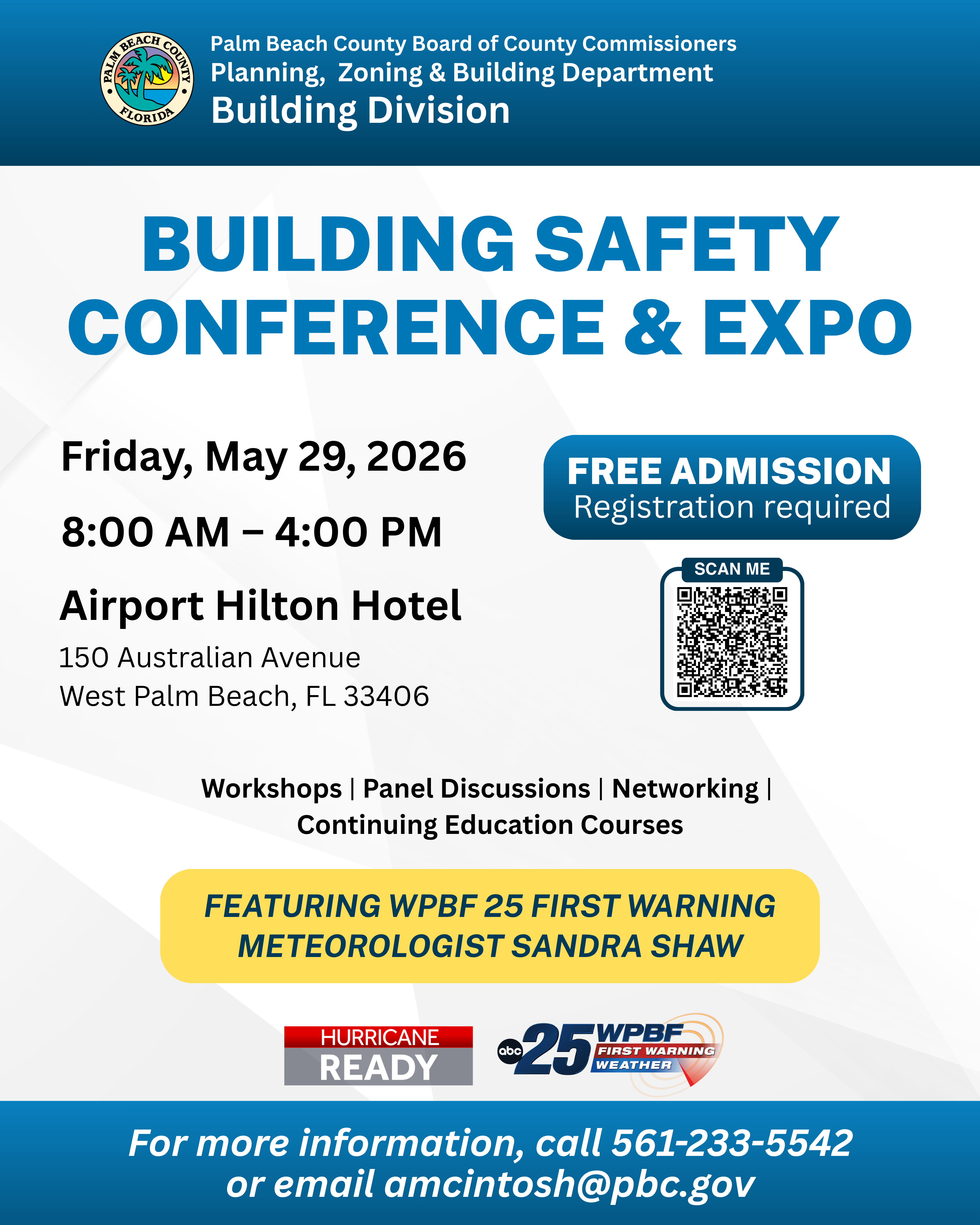 A professional flyer for the Palm Beach County Building Safety Conference & Expo, taking place on May 29, 2026, at Airport hotel