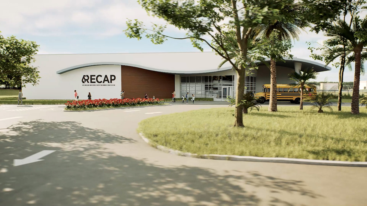 rendering showing a RECAP facade with a school bus in front of it
