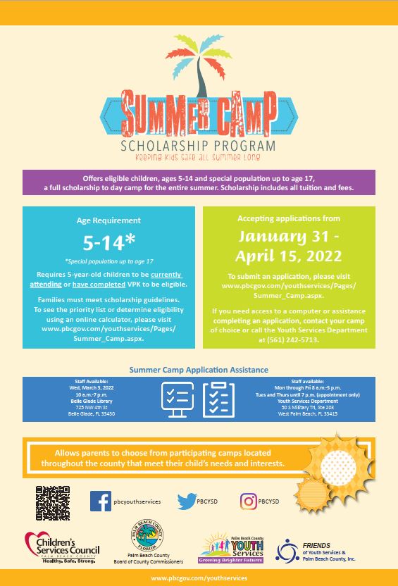 summer camp scholarship program poster in english