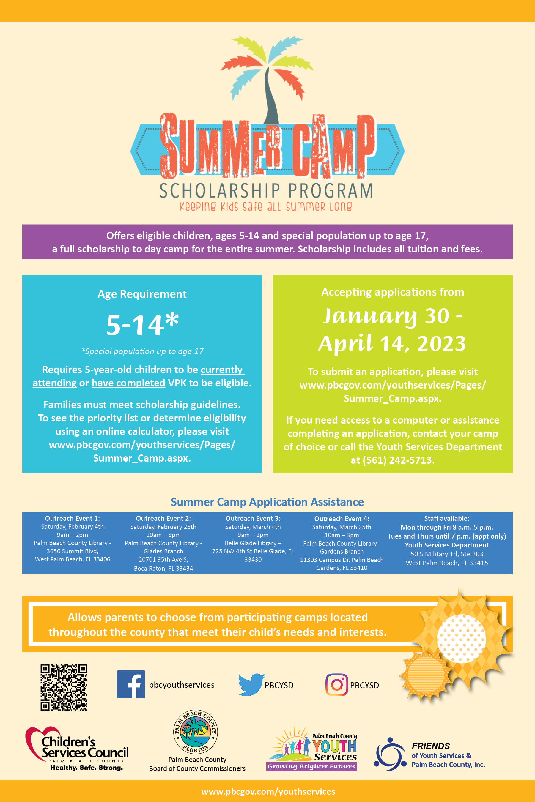 summer camp scholarship program poster in english